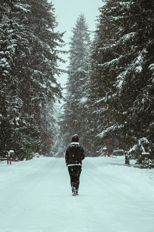 a man is walking through the snowy road