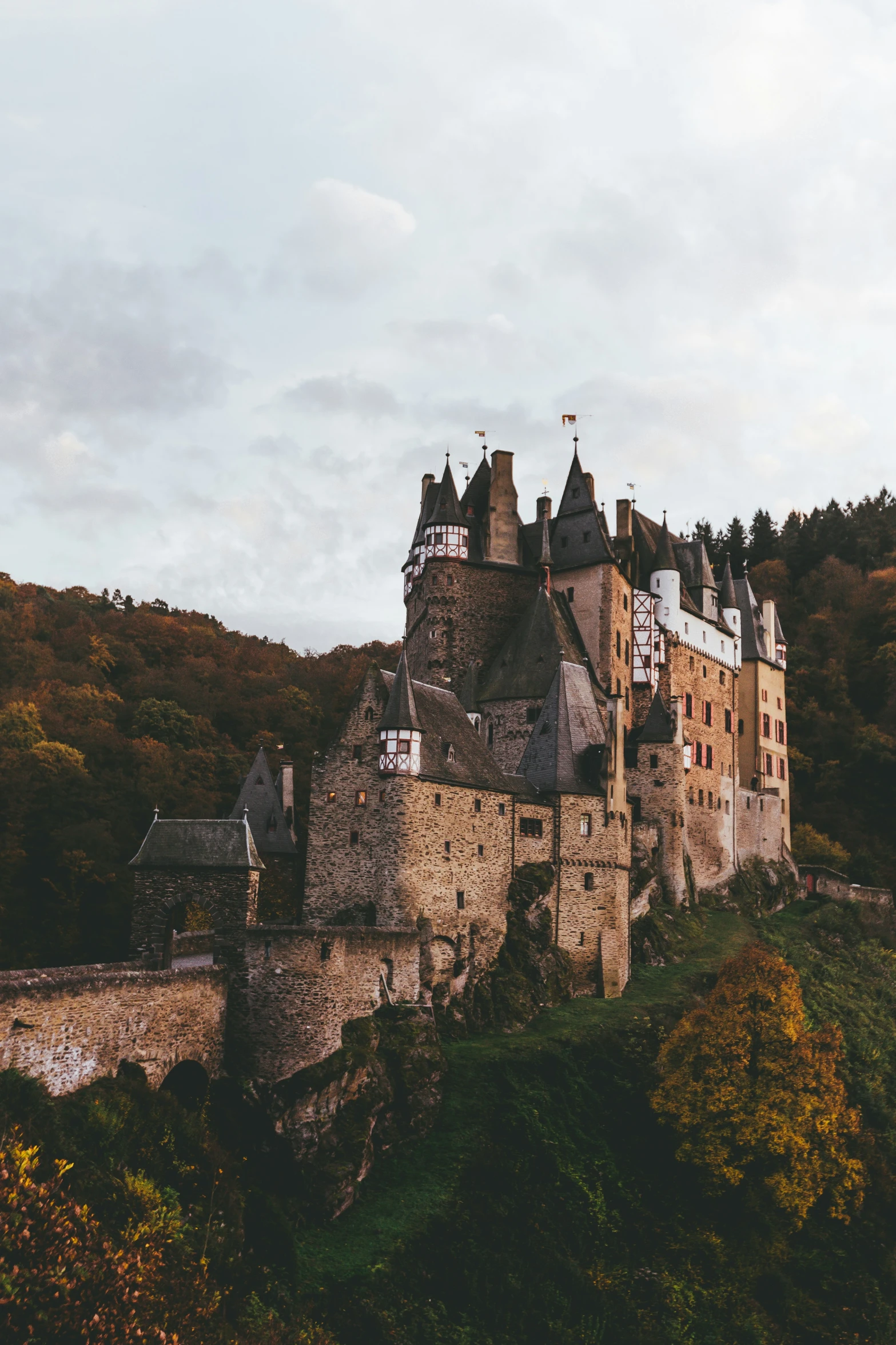 a castle like structure with many turrets is in the middle of a tree - covered area