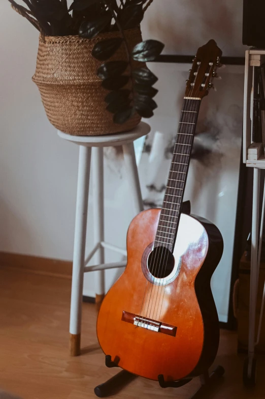 a ukulele sitting on a small table beside a plant