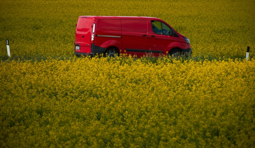 an image of a red van driving on a road in the middle of a field