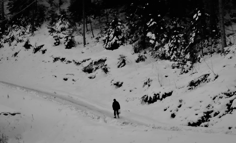 a person walking up a path through the snow