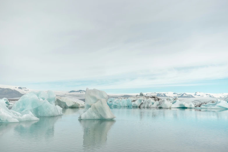 icebergs with snow capped mountains in the background