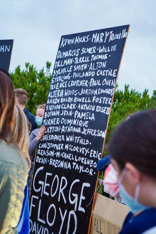 the people are standing with signs and a face mask on