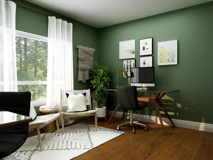 a clean living room with a laptop on a small desk