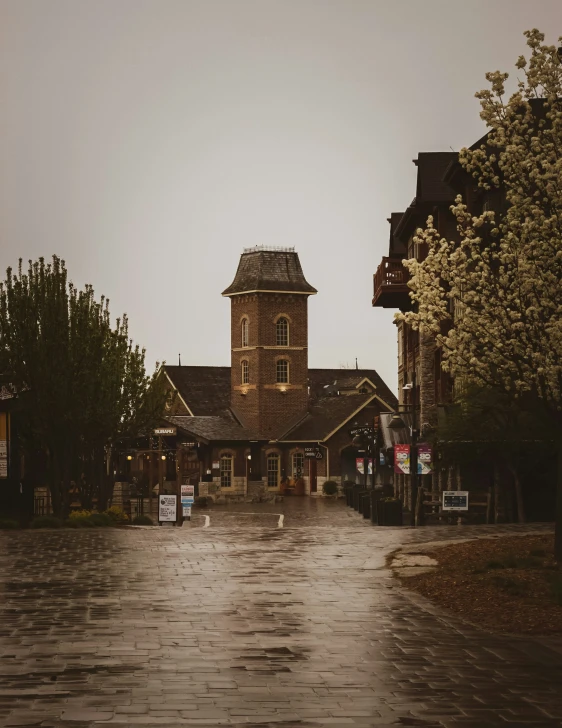 an old church in the rain and water