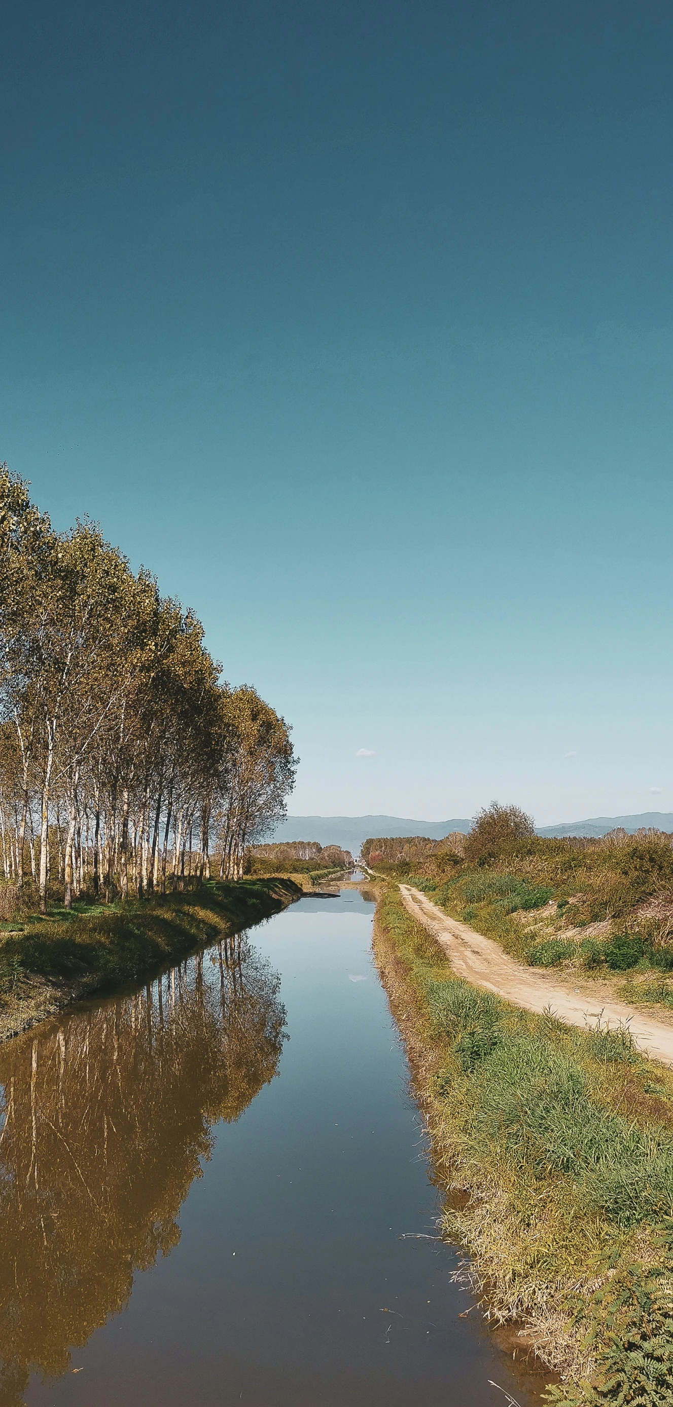 a stream in an open field next to a sandy shore