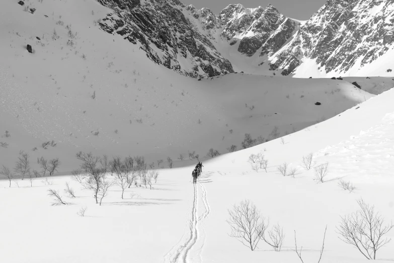 two people ski down the side of a mountain