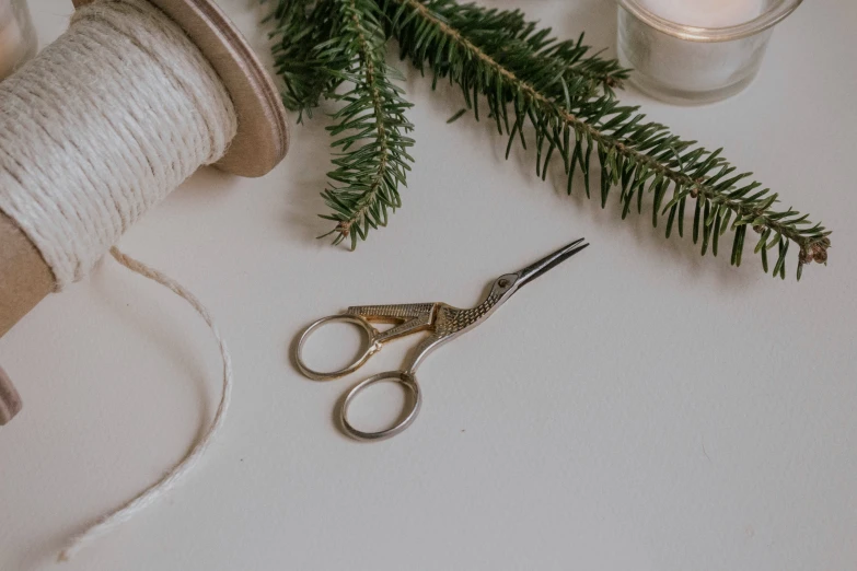 a pair of scissors on top of a table with a spool of thread