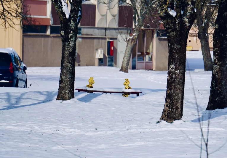 a pair of fire hydrants in the snow on the ground