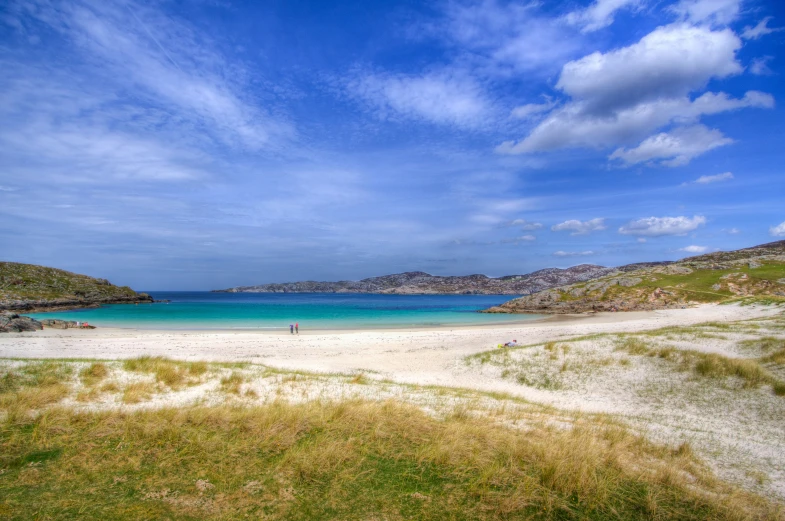 a beach with a blue body of water