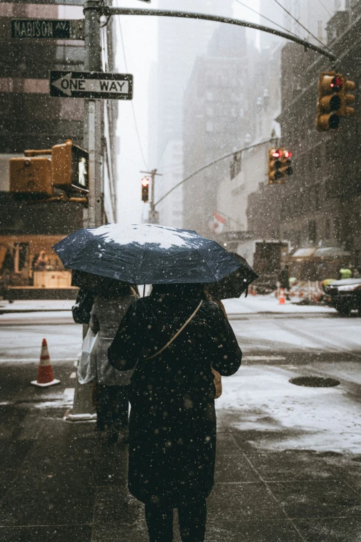 people walk down the street in a snowy city