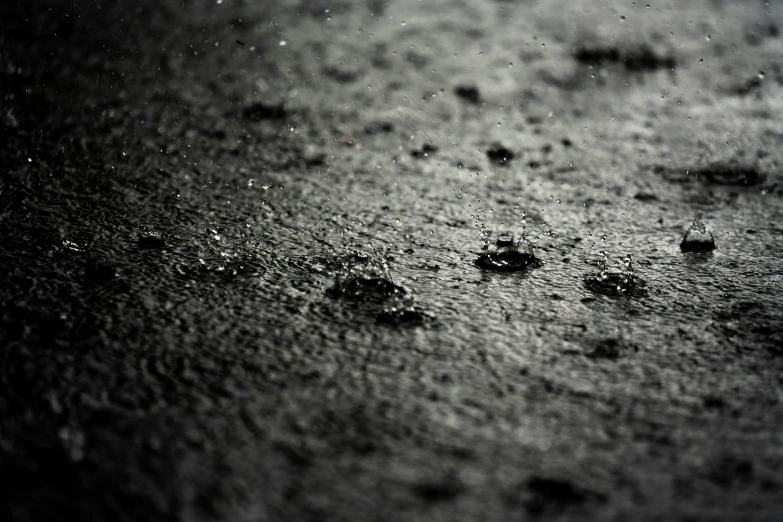 a black and white po of a bunch of drops of water on the floor