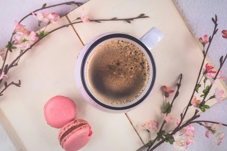 a cup of coffee with two macaroons and pink flowers