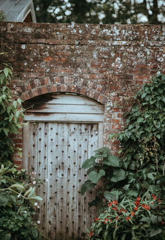 a brick wall has a wooden door between a garden and walkway