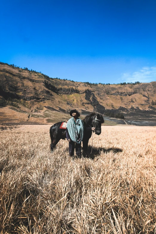 a man stands on a plain with his horse