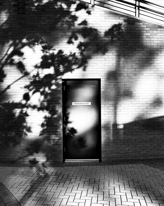 black and white image of open door in a brick wall