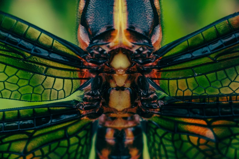 pograph of abstract design of orange and green dragonfly wings