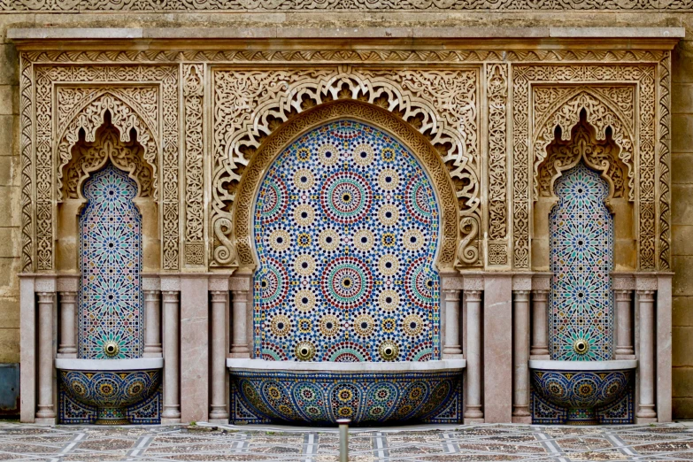 a building has colorful tile and windows