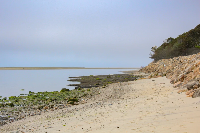 a lone bench on the beach next to a shoreline