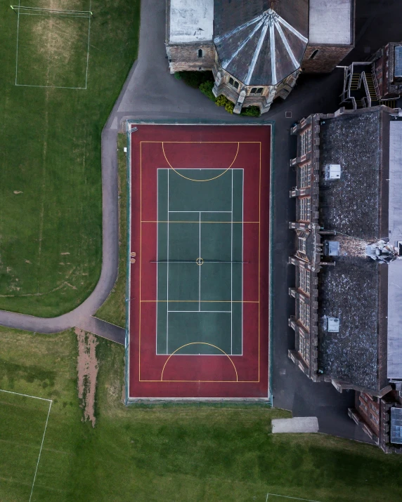 an aerial view of an athletic court in an area