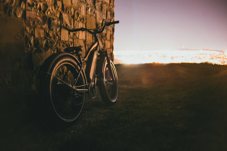 a bike leaning on a brick wall by the grass