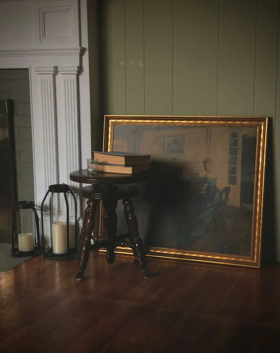 a painting of an old man in an antique room with wooden floor