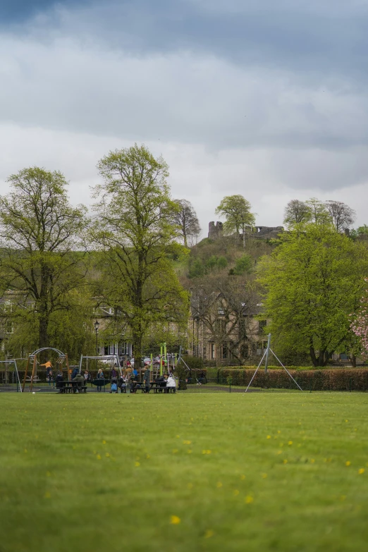 a grassy field has children and playground equipment in it