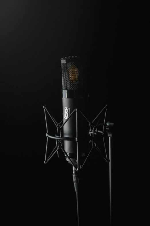 a microphone with a black background and dark wall