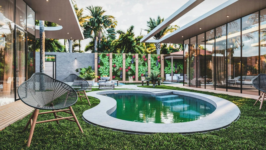 a small swimming pool sits next to a deck