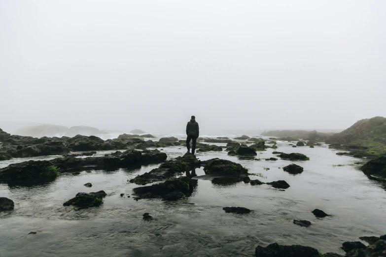 a person standing on rocks on a beach covered in water