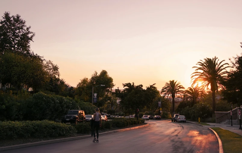 a person riding a skateboard down a street at sunset