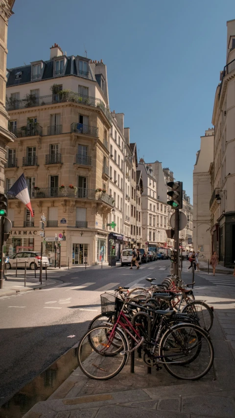 a bunch of bicycles parked in a row