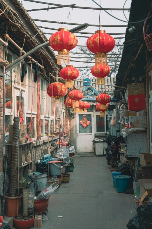 chinese lanterns suspended in an alley leading to shops