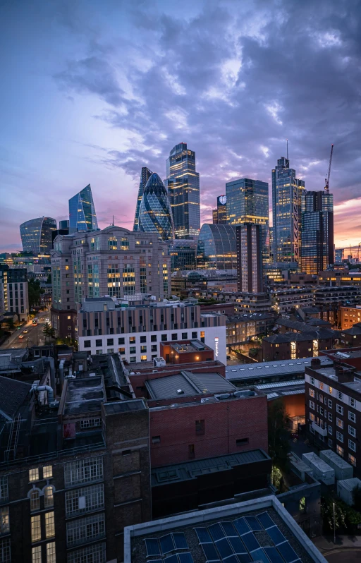 the skyline at twilight is very large in color