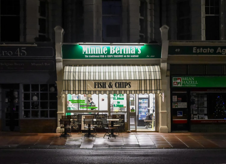 a restaurant and other shops across the street