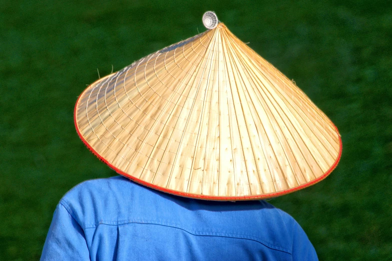 a person with a hat made from bamboo