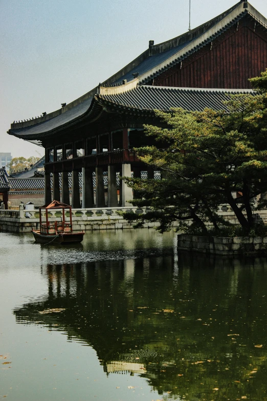 a boat sits in the water near a building