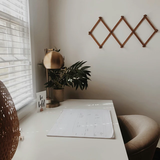 a desk area with a potted plant next to the windows