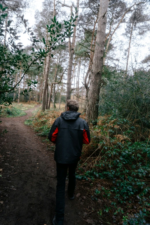 a person wearing a black and red jacket walking down a trail