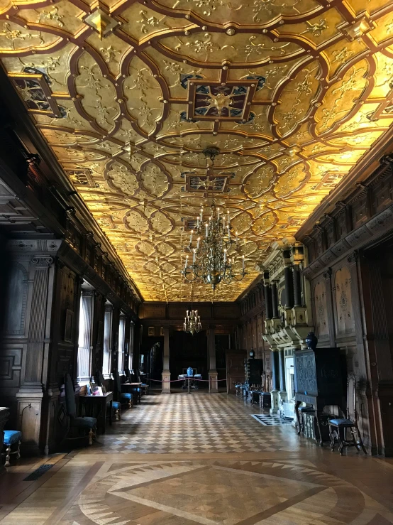 there is a large hall with many decorative gold patterns on the ceiling