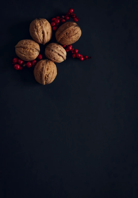 walnuts are arranged next to berries and christmas ornament