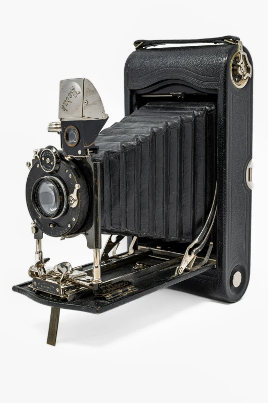 an antique black camera with its lens