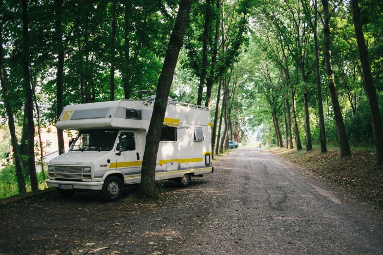 an rv is parked near trees on the side of the road