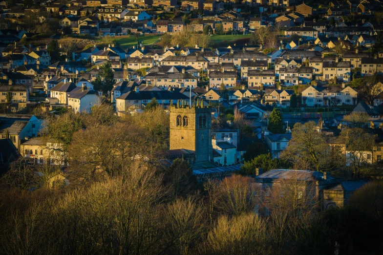 an aerial view of an urban area surrounded by trees