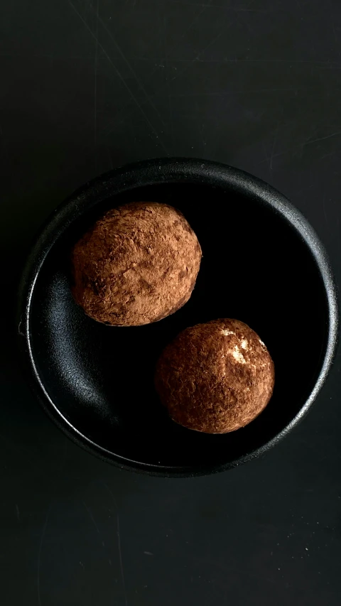 two brown donuts sitting in a black set