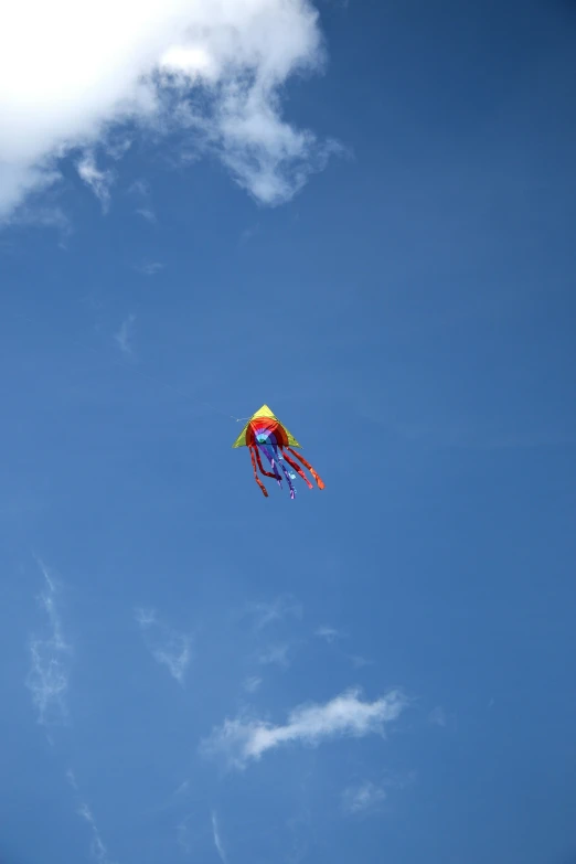 a colorful kite flying in the blue sky