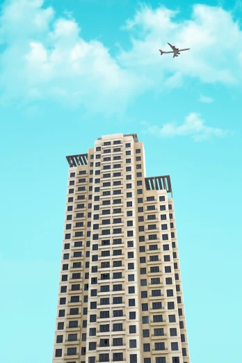 an airplane flies past a building in the sky