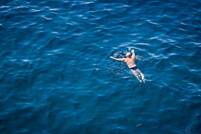 an aerial view of a man in a body of water