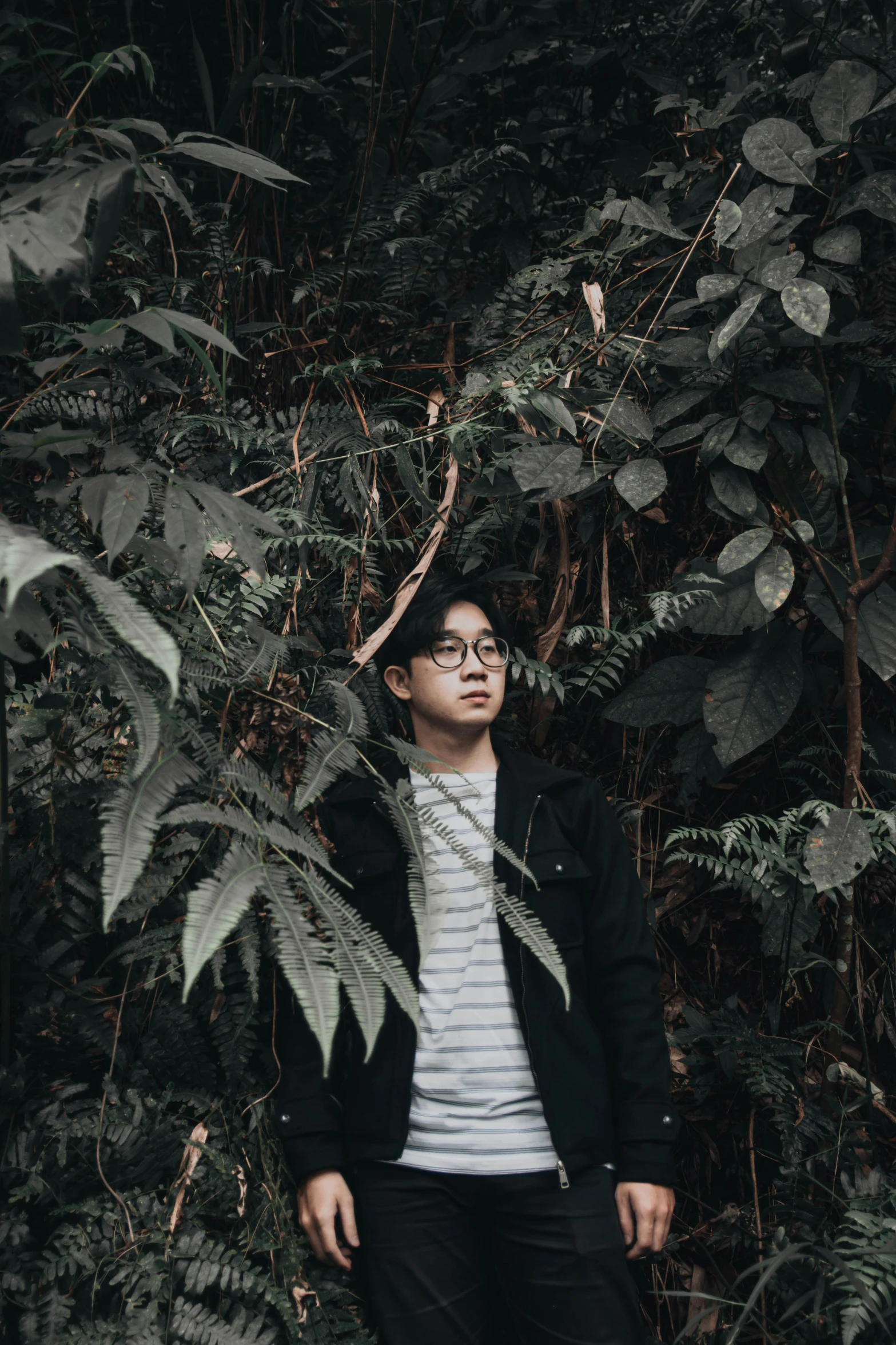 young asian man with glasses standing amongst the trees