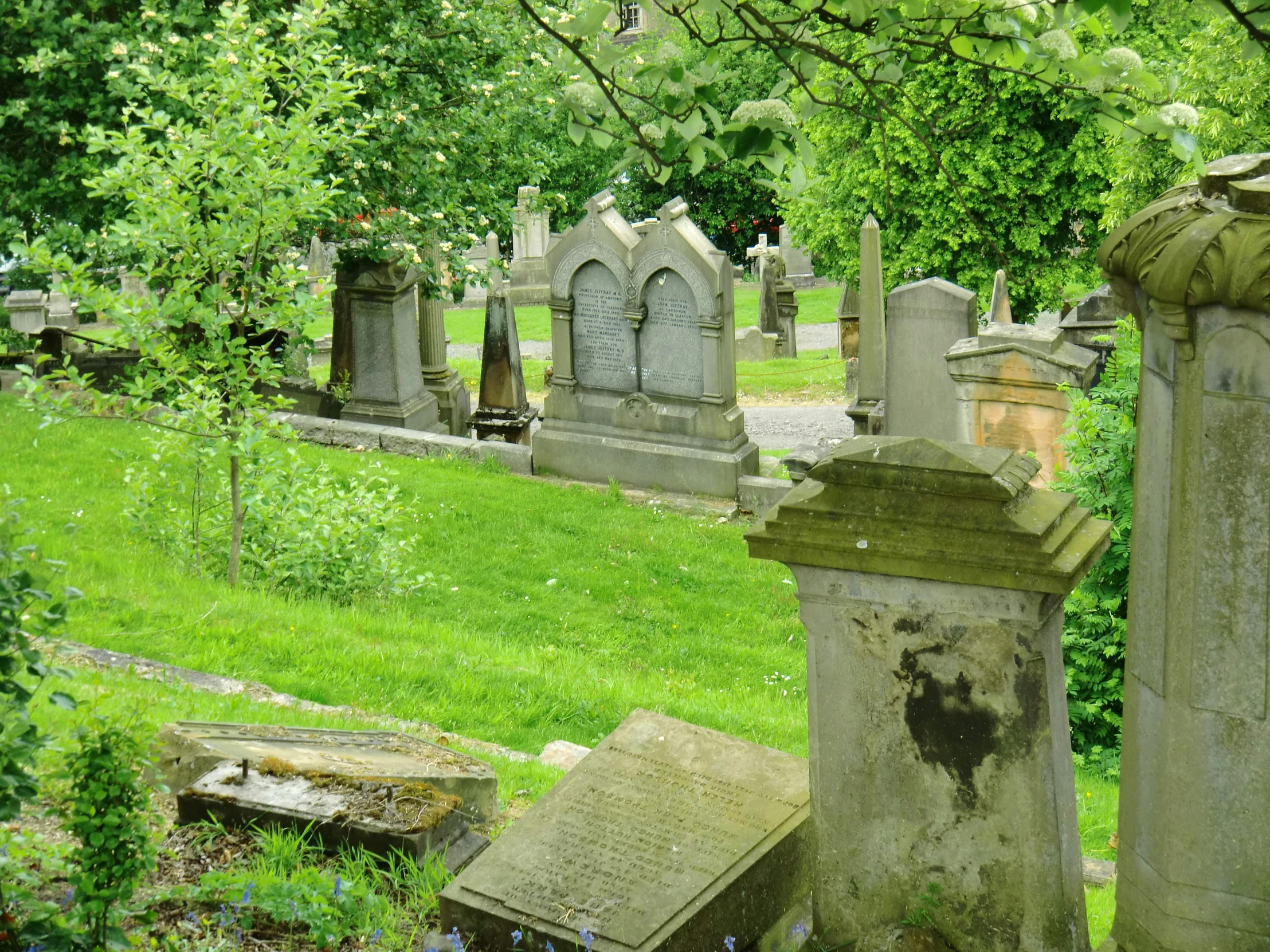 a number of cemetery headstones in a field